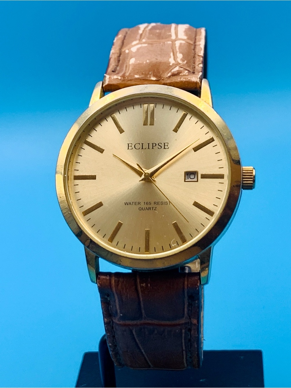 ECLIPSE Men’s Quartz Wristwatch Leather Band Date Japan Movt Working New Battery